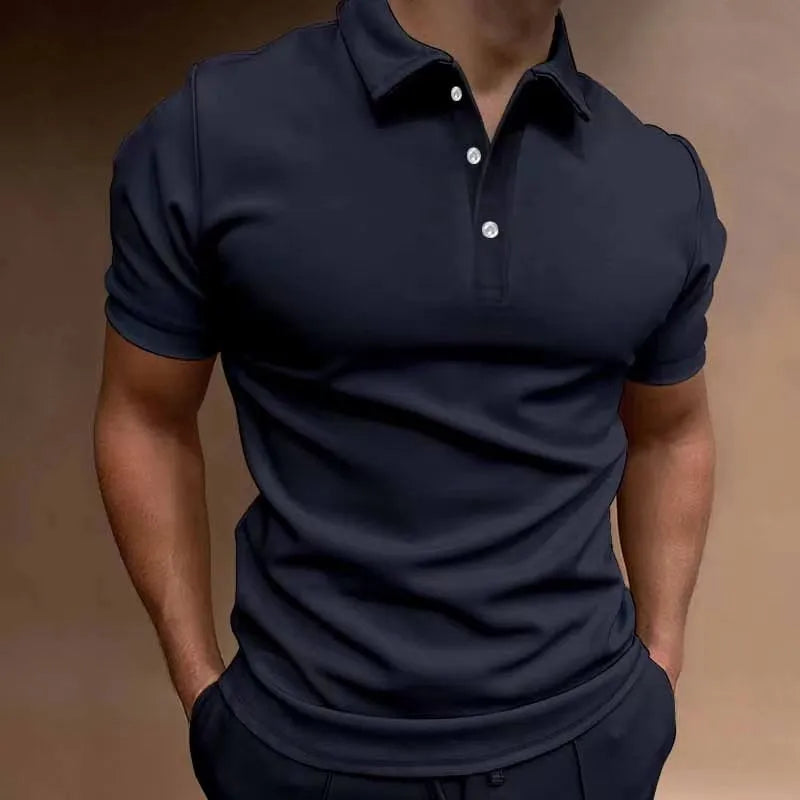 Men's grey loose fit button-down short sleeve t-shirt on a hanger.