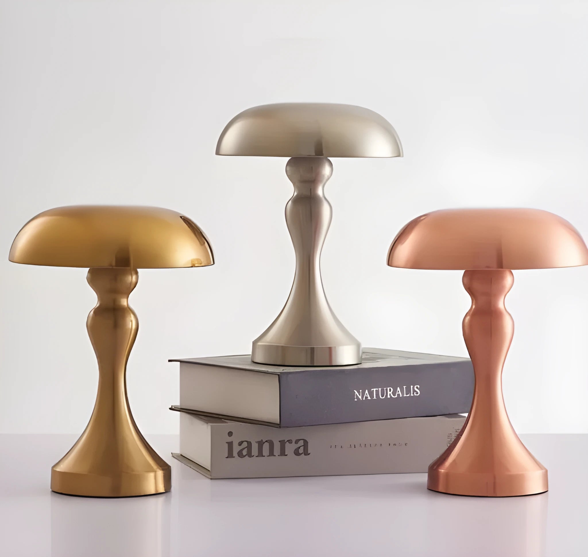 Rechargeable LED desk lamp in bronze finish with touch controls and three light settings
