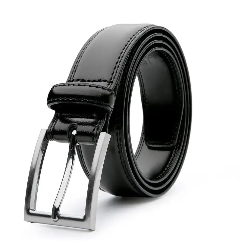 Men's brown genuine leather casual belt with an alloy buckle on a plain background.