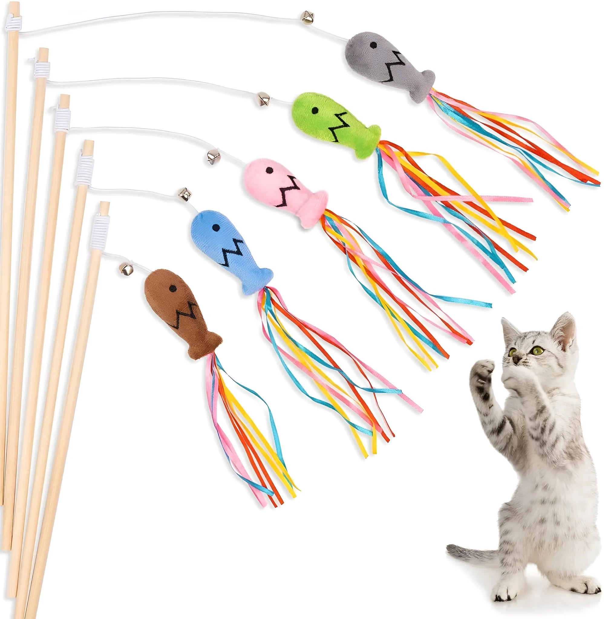 Cat wand toy with colourful ribbons, catnip fish, and bell on wooden handle