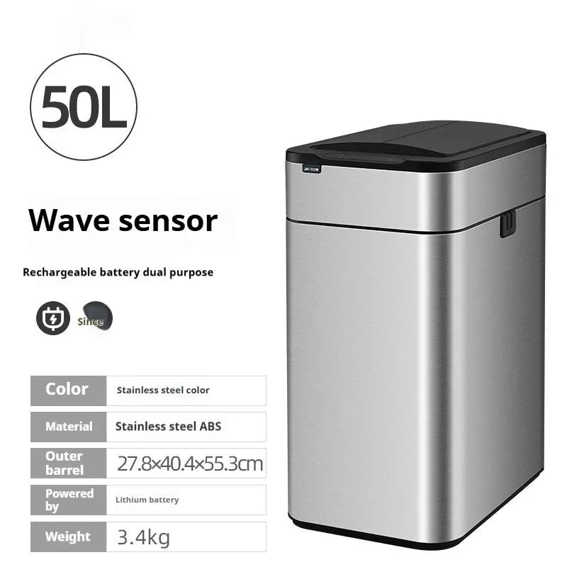 Stainless steel smart inductive trash can with square shape available in multiple sizes for kitchen and office