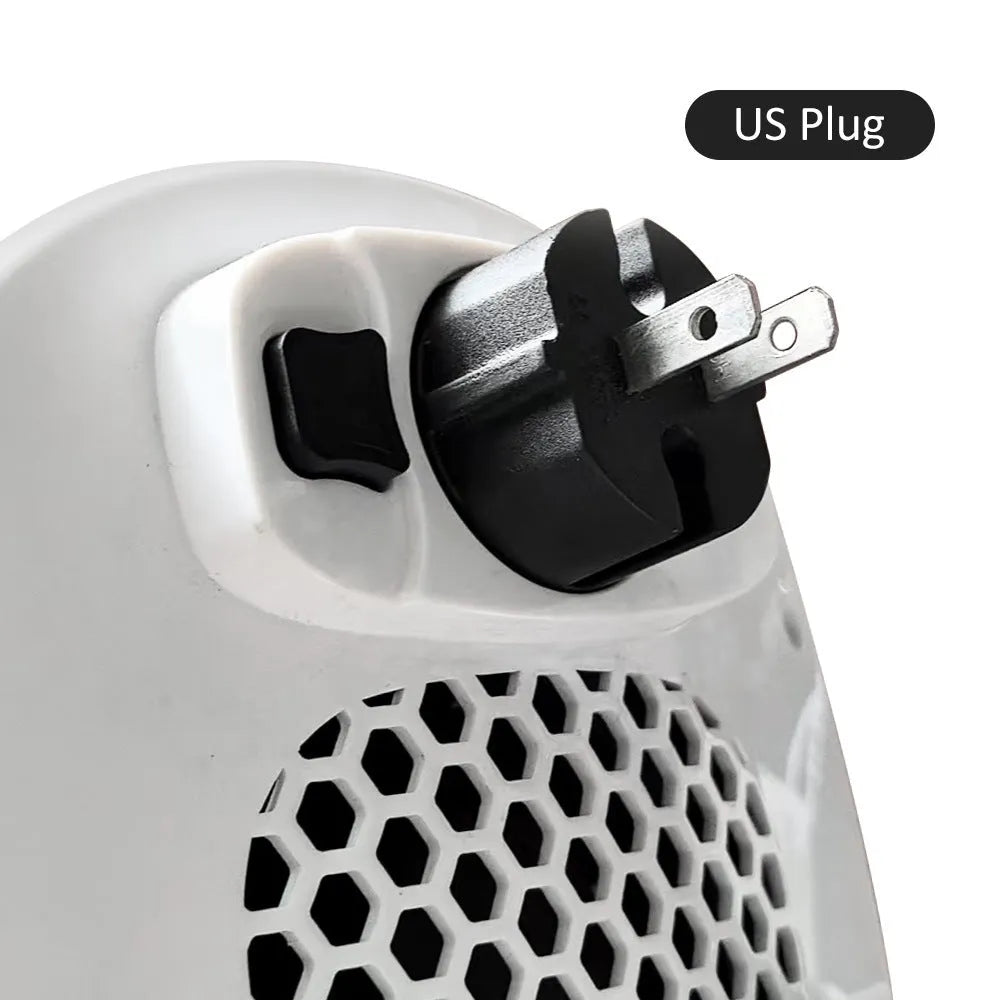 White ceramic electric heater with remote control on a table, dual voltage for EU and US plugs.