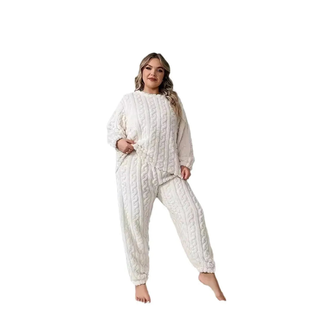 Women's creamy white polyester two-piece set with crew neck top and matching trousers in Japanese Korean casual style