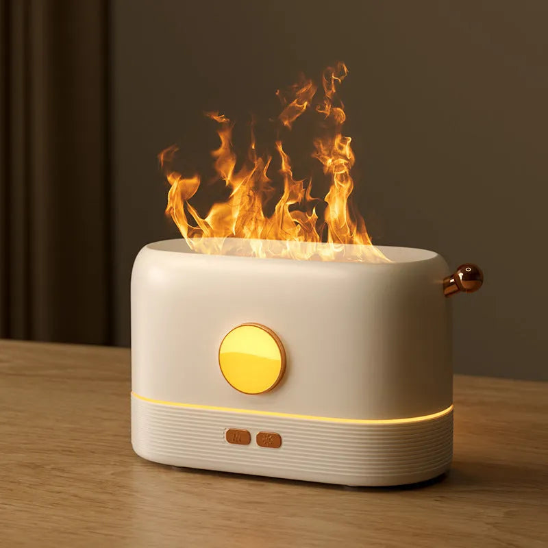Black simulation flame USB humidifier with 200ml tank on a desktop showing mist and light effect