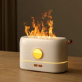 Black simulation flame USB humidifier with 200ml tank on a desktop showing mist and light effect