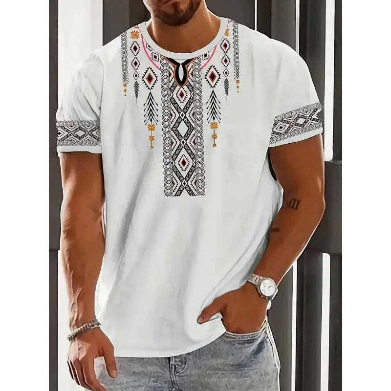 Men's short-sleeved striped t-shirt with digital 3D printing in loose business casual fit