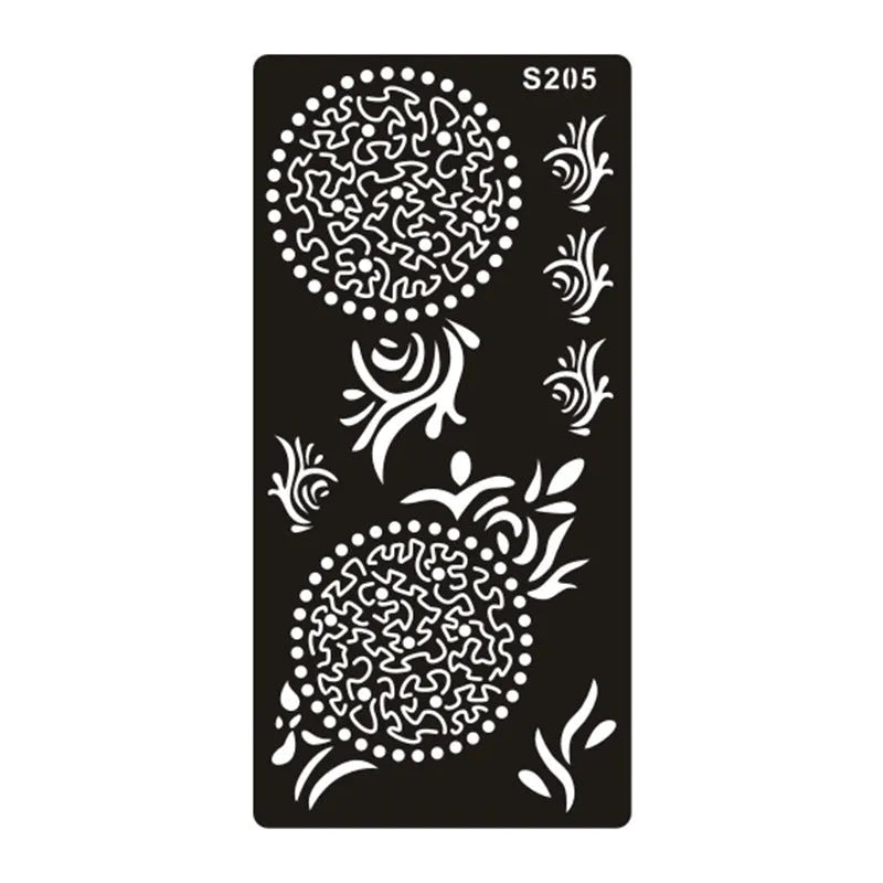Sheet of hollow geometric and Southeast Asian style temporary tattoo templates on water transfer paper.