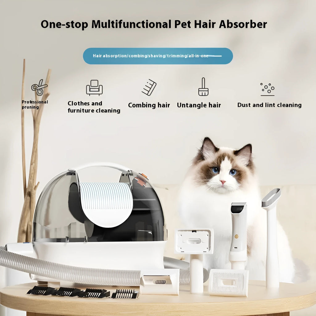 Pink and white pet grooming vacuum cleaner with electric clipper, hose, and grooming attachments