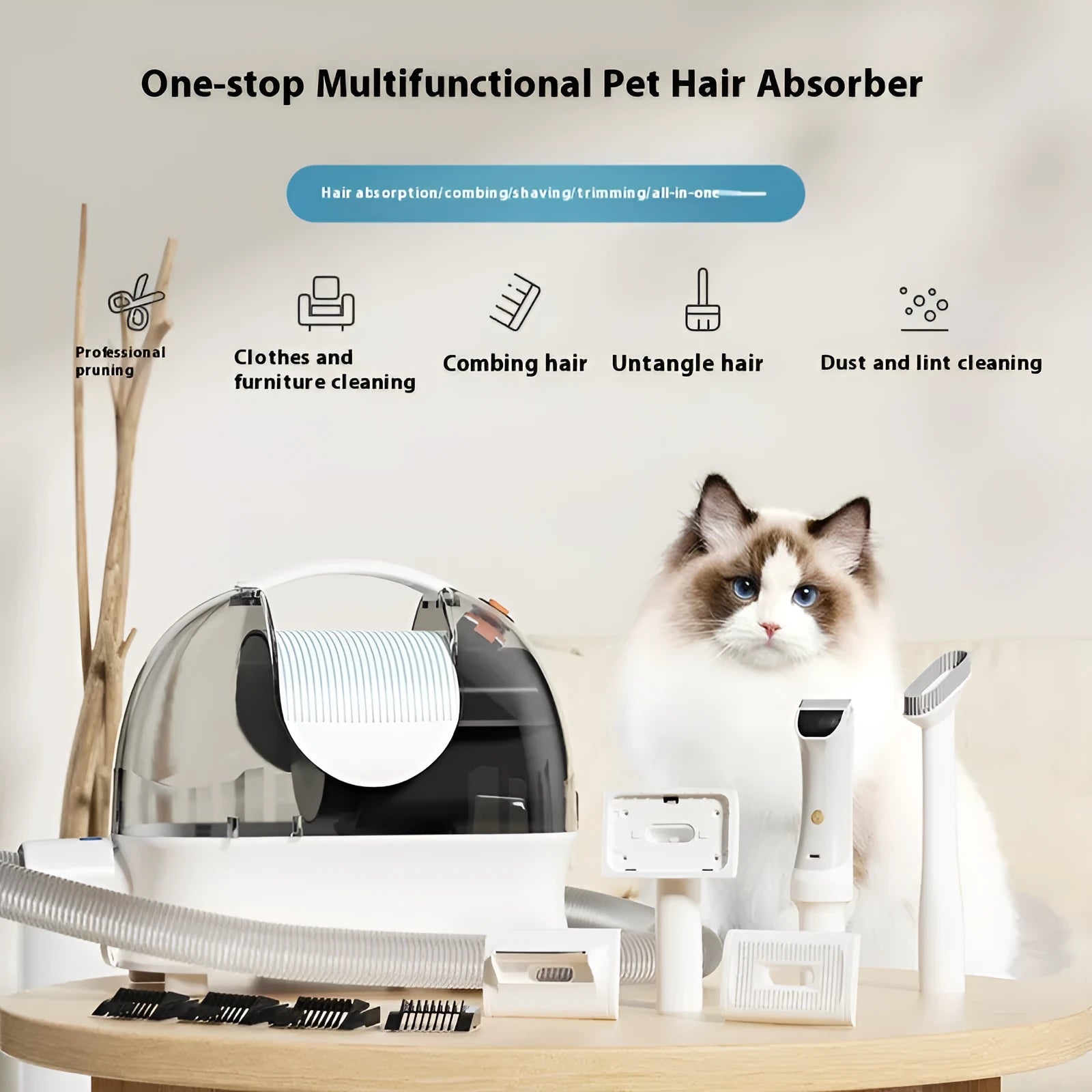 Pink and white pet grooming vacuum cleaner with electric clipper, hose, and grooming attachments