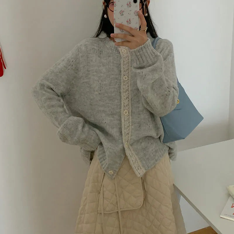 Artistic retro loose-fit Korean sweater coat in viscose fibre, shown in apricot colour.