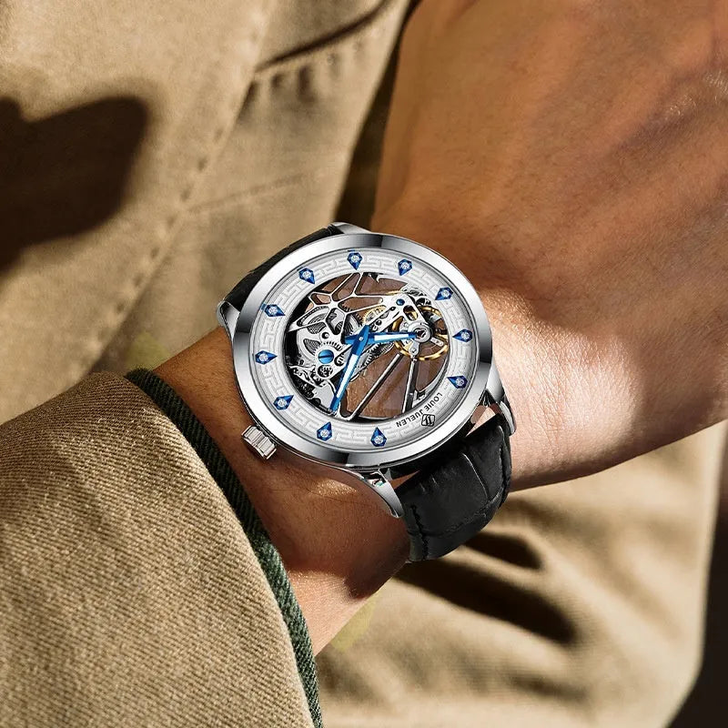 Men's silver case mechanical watch with white face, blue hands, black genuine leather strap and stainless steel butterfly buckle