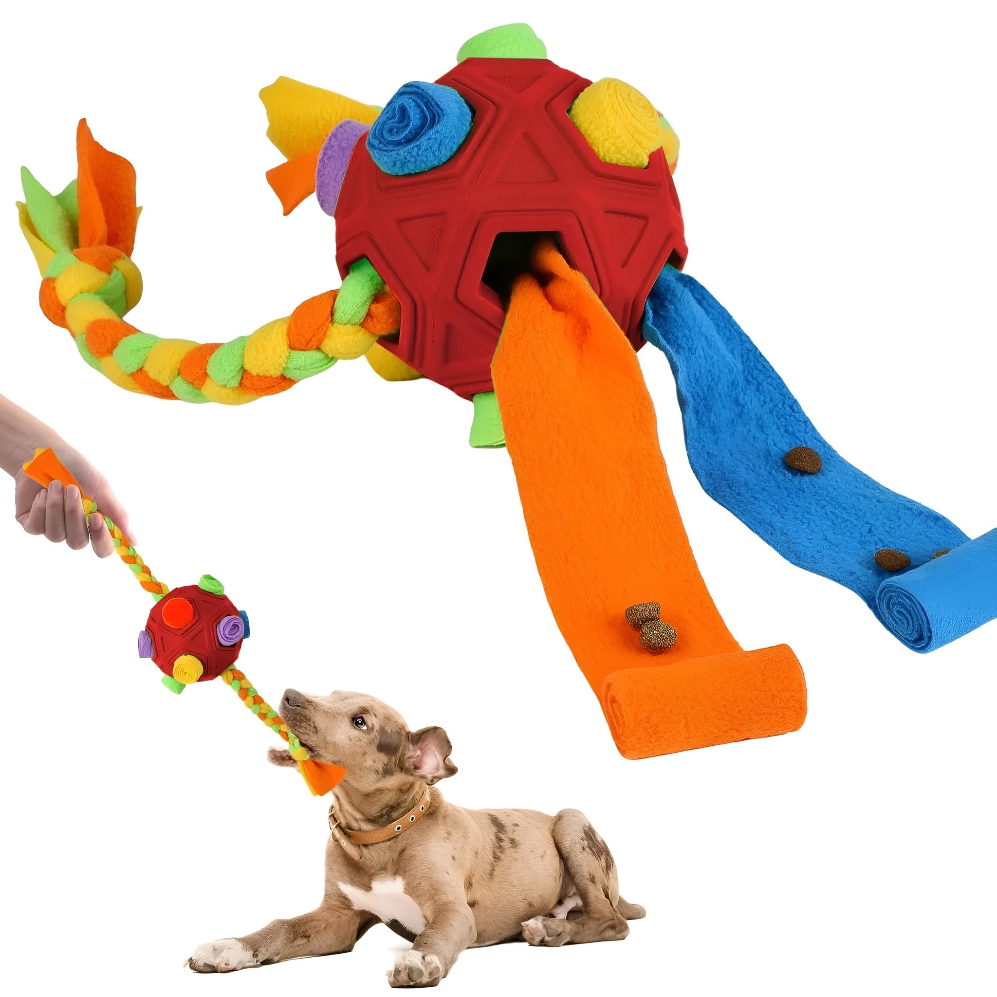 Colourful silicone dog snuffle ball puzzle toy for IQ training and slow feeding.