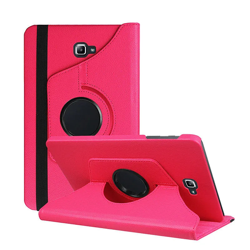 Rotating leather tablet case in clamshell design for iPad 1, shown in multiple colour options.