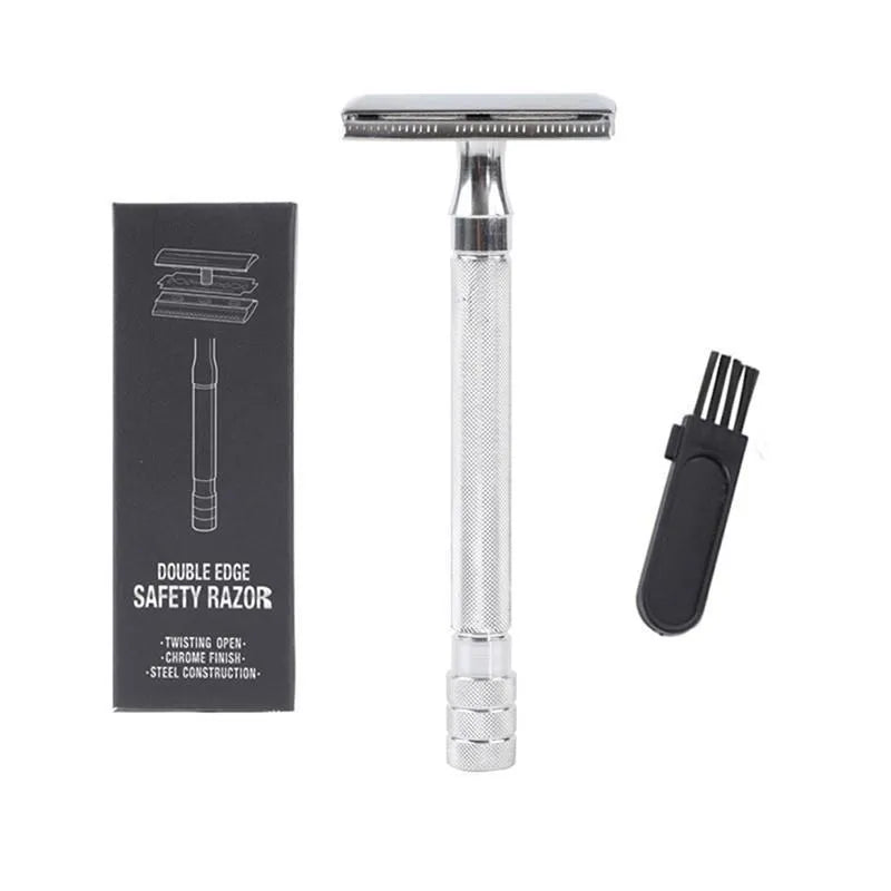 Traditional manual pogonotomy scraper and brush set for wet shaving in black or silver metal finish.