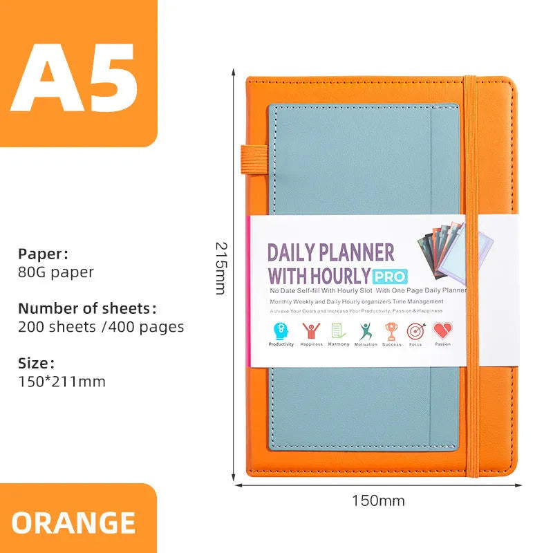Self-filled no-date notebook with thread binding, showing PU cover in purple with planning stickers