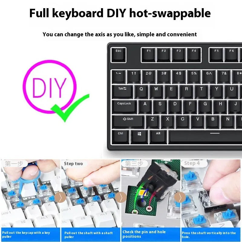 87-key wired mechanical keyboard with hot-swappable sockets showing colour options and included accessories