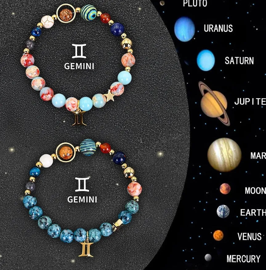 Natural stone bead bracelet set featuring all twelve zodiac signs with two bracelets per style
