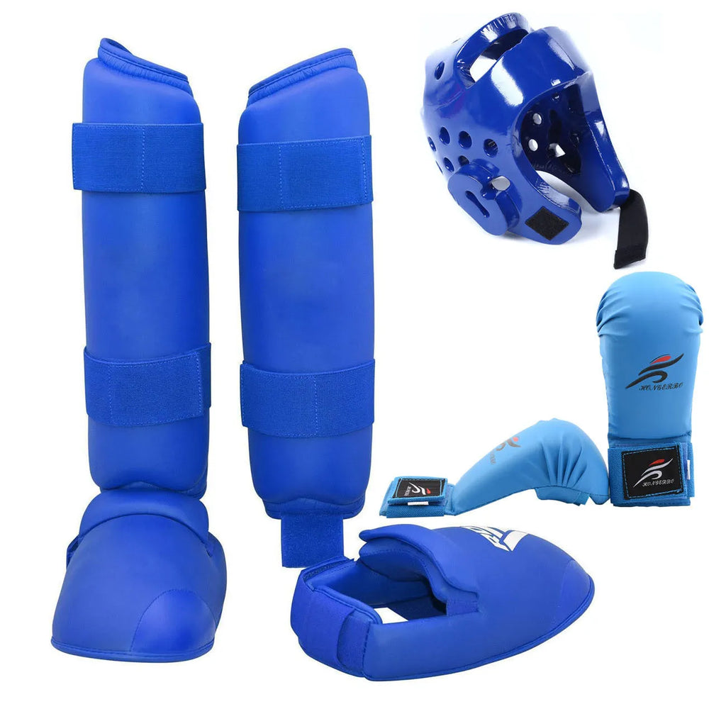 Karate taekwondo protective gear set with red leg guard, helmet, and boxing gloves for martial arts training