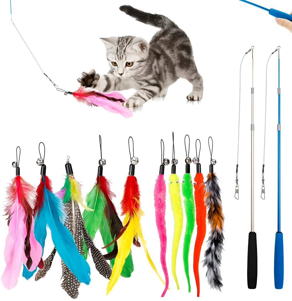 Extendable cat fishing rod toy with feather heads, showing two poles and multiple attachments