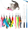 Extendable cat fishing rod toy with feather heads, showing two poles and multiple attachments