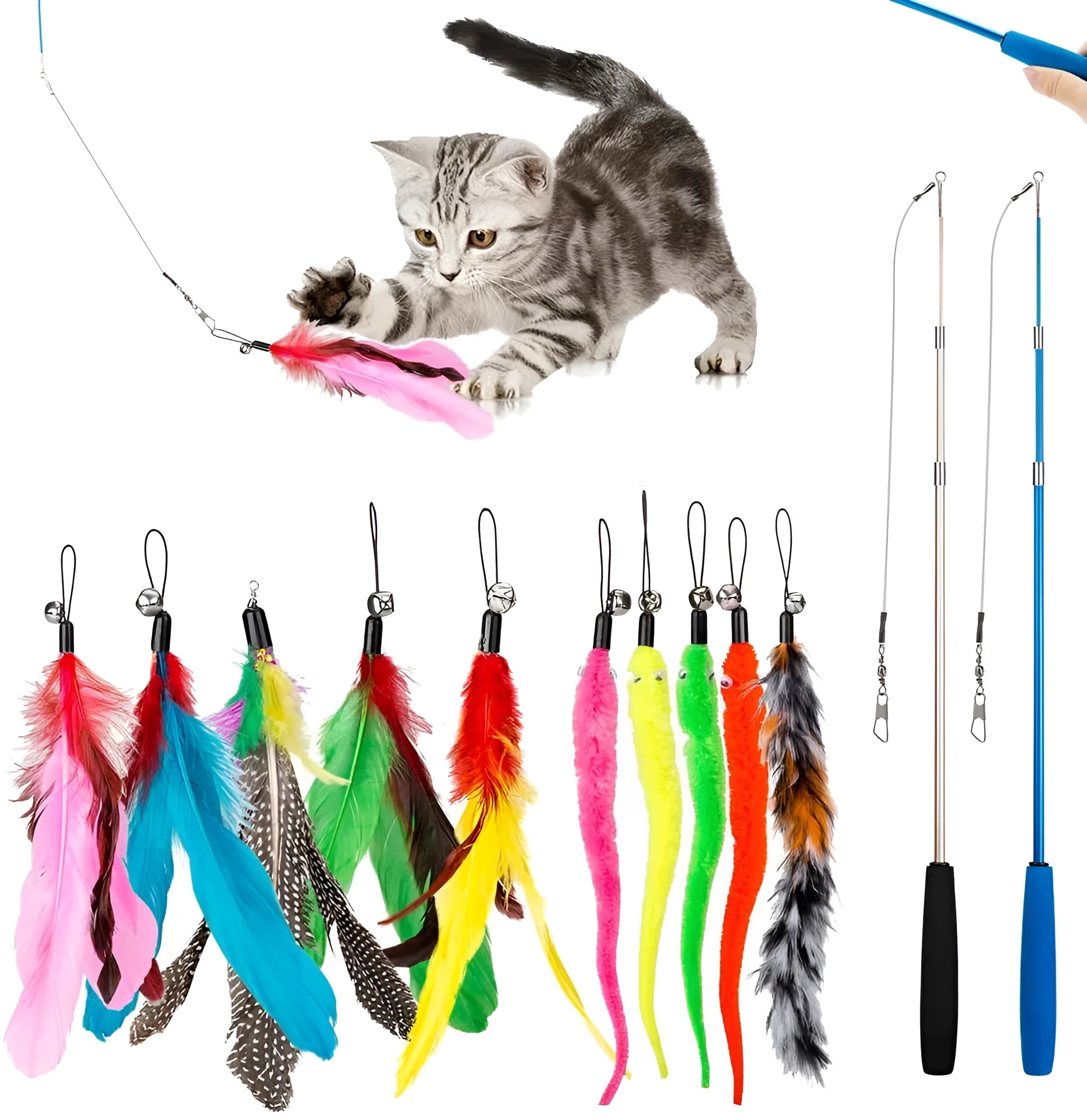 Extendable cat fishing rod toy with feather heads, showing two poles and multiple attachments