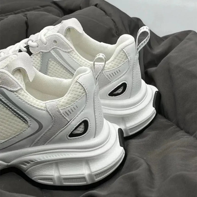 Beige mesh platform sports shoes with a wedge heel and front lace-up design