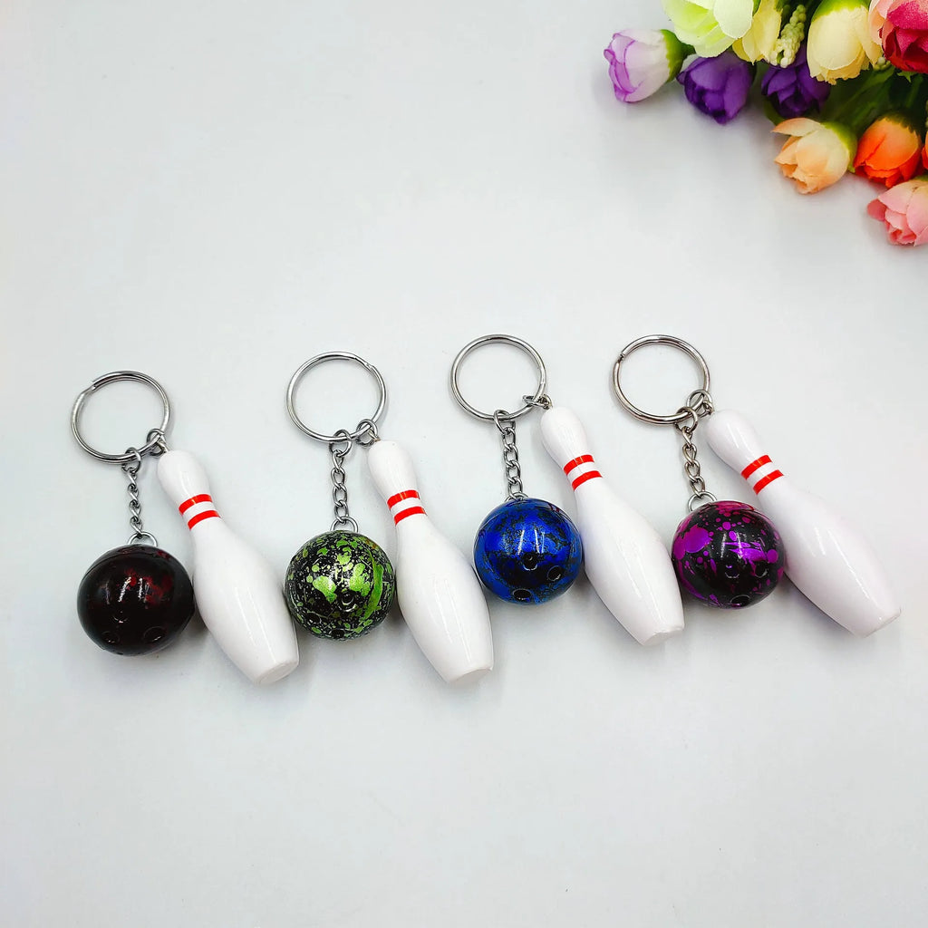 Mini simulation bowling ball keychain pendant in dark red, blue, purple, or green colours
