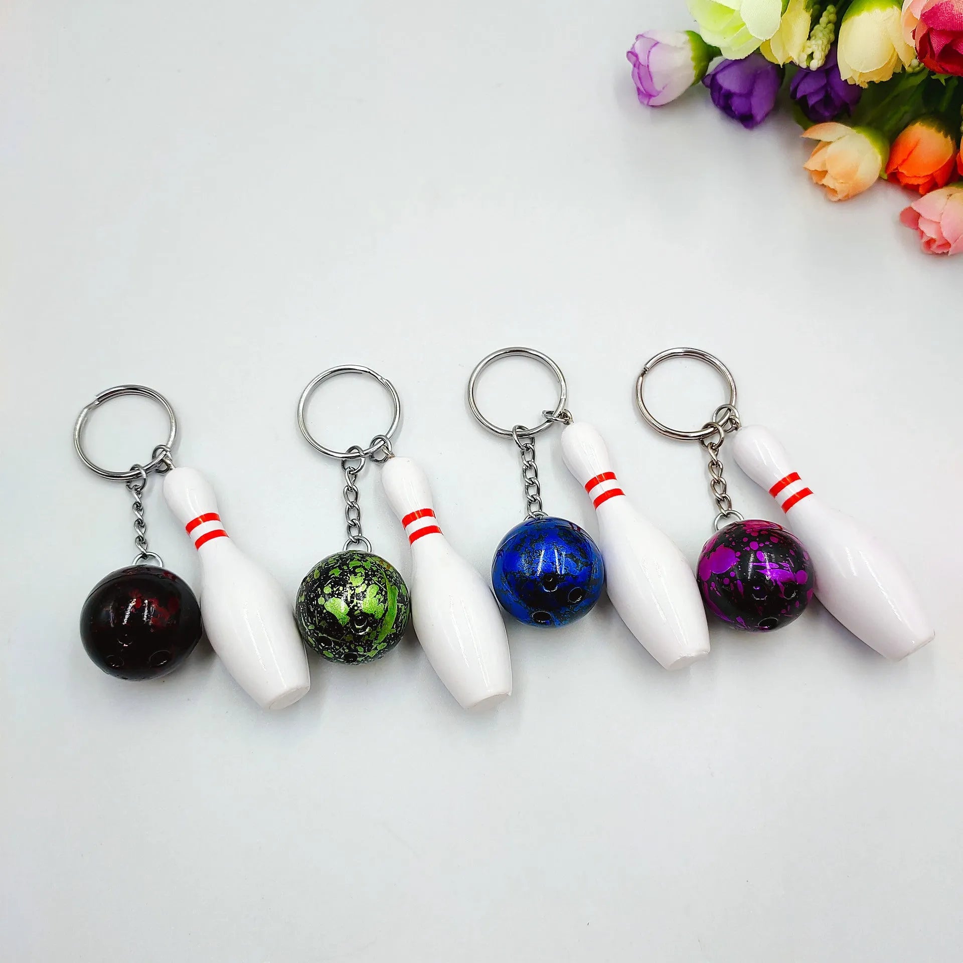 Mini simulation bowling ball keychain pendant in dark red, blue, purple, or green colours