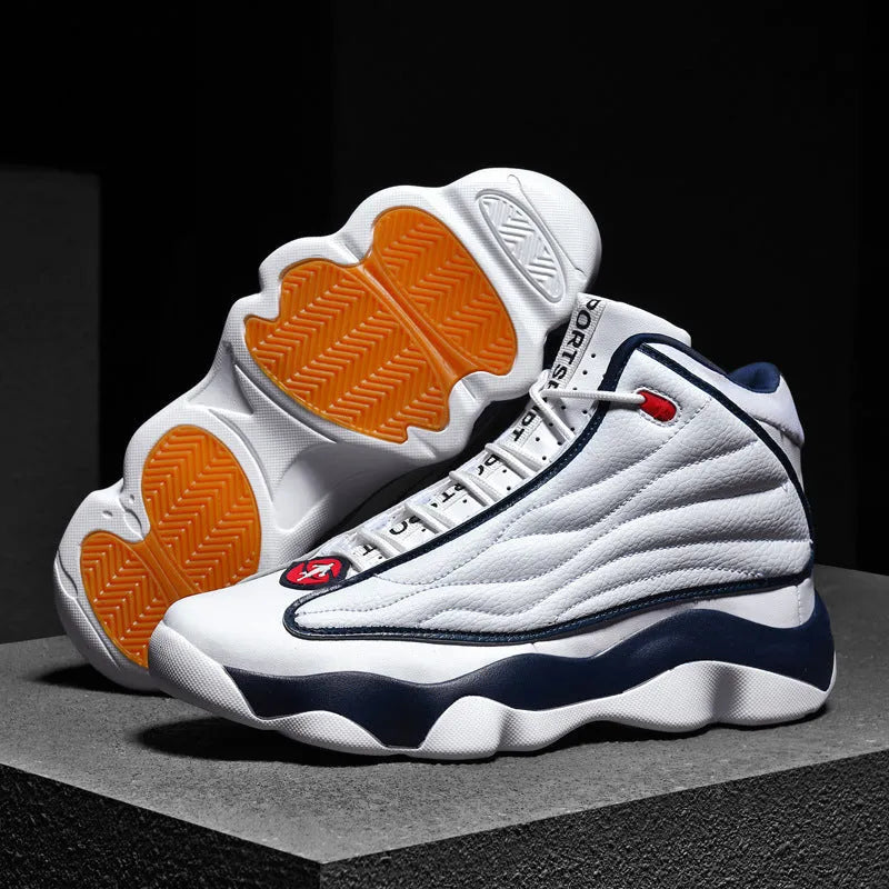 Men's high-top basketball shoes with thick rubber sole and mesh upper in AJ13 white red colourway