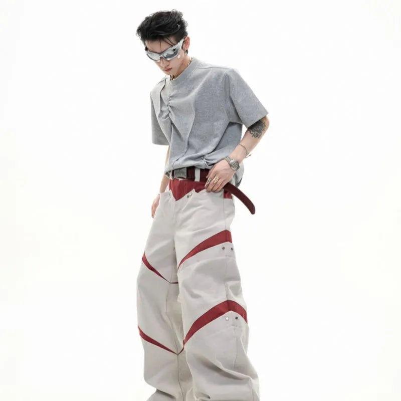 Men's grey cotton T-shirt with three-dimensional pleated texture and a loose fit