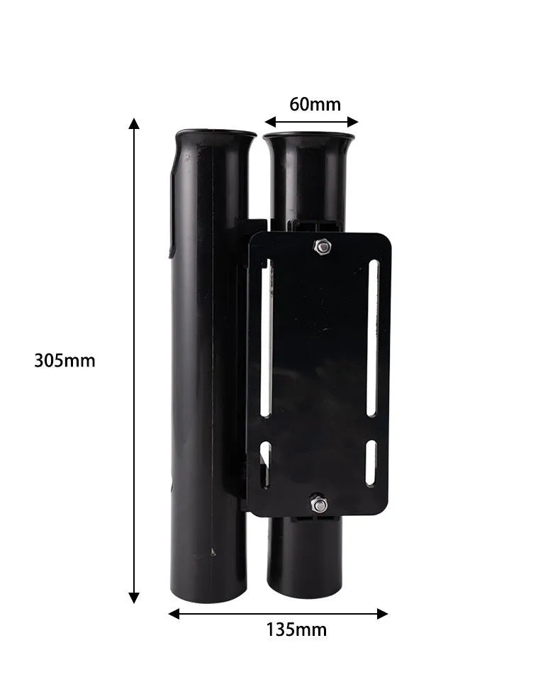 Plastic double-layer fishing rod rack clamped onto a bicycle frame tube