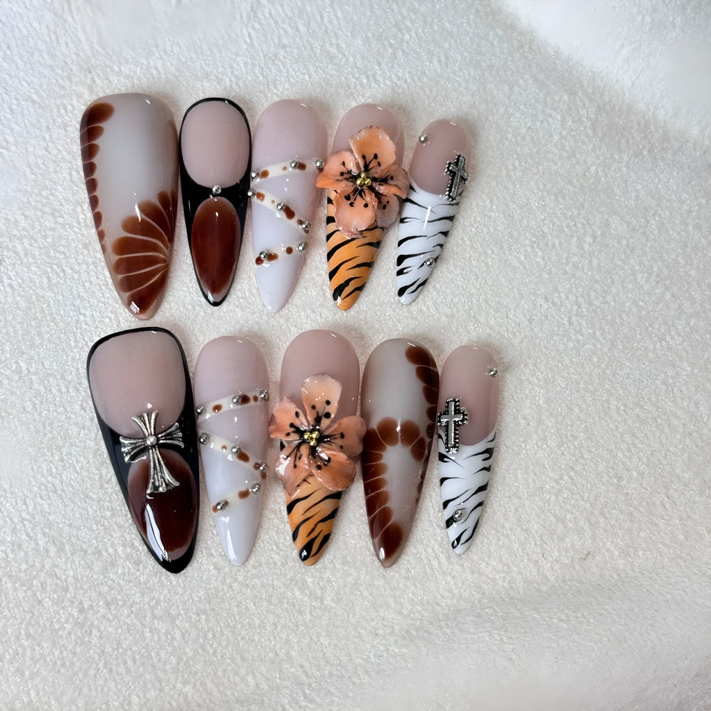 French style leopard print nail stickers with cross and flower designs in four sizes