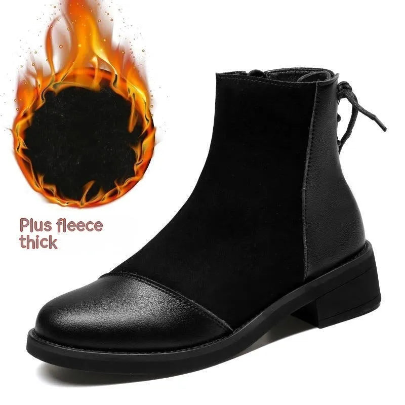 Women's black knee-high Martin boots with side zip closure and bow detailing
