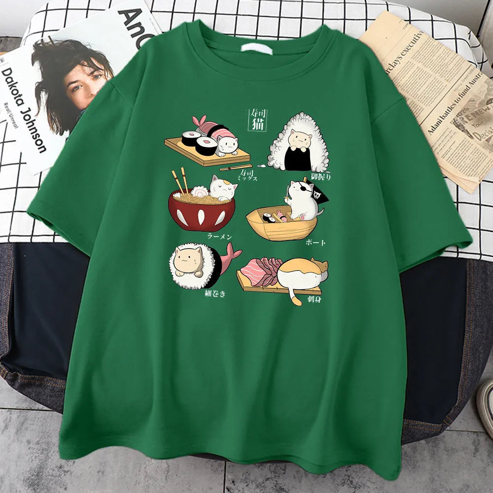 Men's cotton T-shirt with cartoon cat sushi design in loose fit with short sleeves