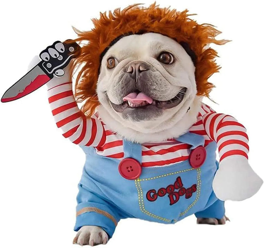 Striped Halloween harness pants costume for dogs and cats with knife accessory in four sizes
