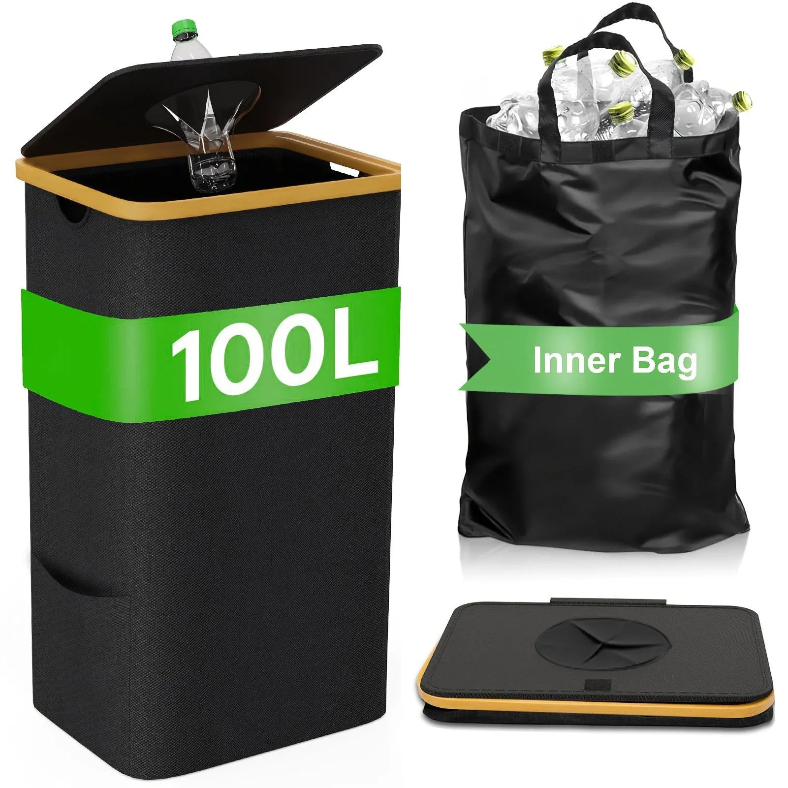 Black bamboo laundry basket with removable lid showing double inner pockets and Oxford cloth material