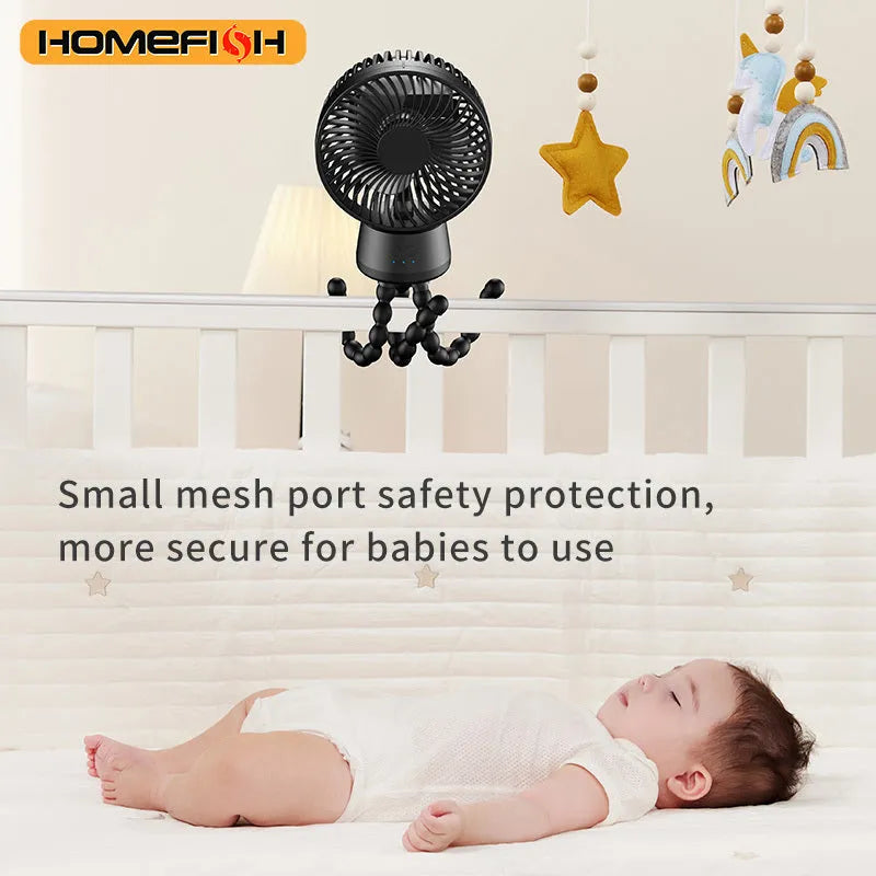 HOMEFISH F2 portable fan with automatic head shaking, LED light, and removable bracket on a white background.