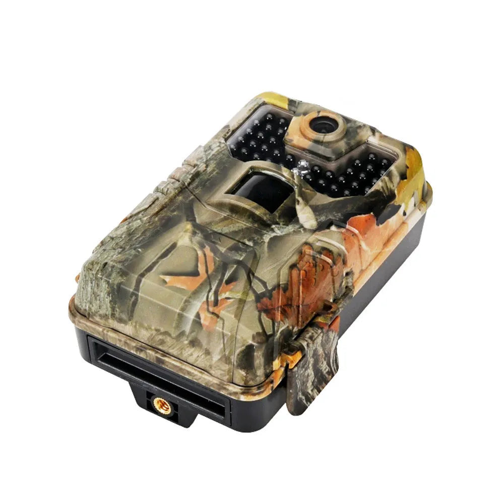 Camouflaged outdoor hunting camera with infrared LEDs, showing compact design for wildlife and security monitoring.
