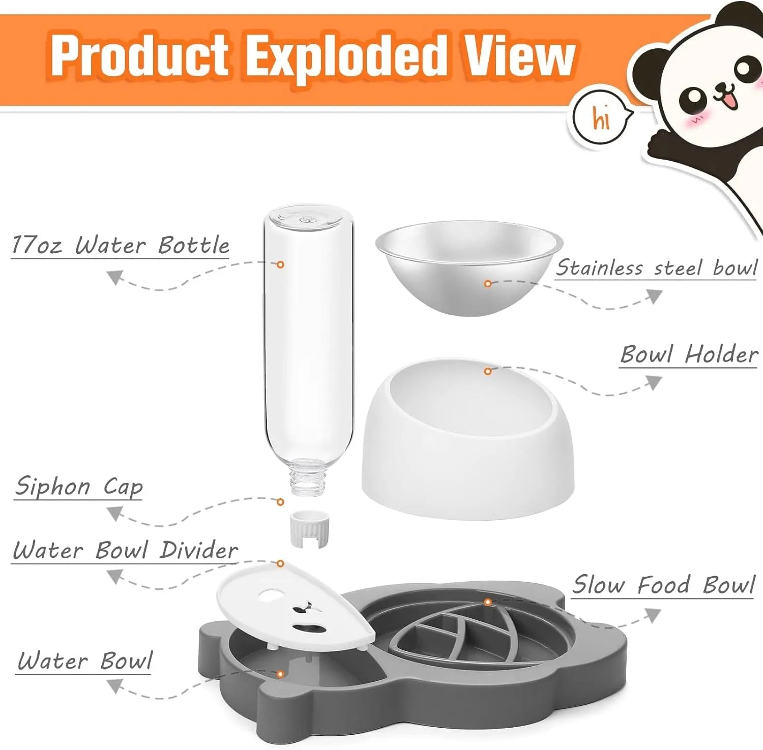 Grey and green panda-shaped automatic pet feeder with tilted stainless steel bowls and water bottle.