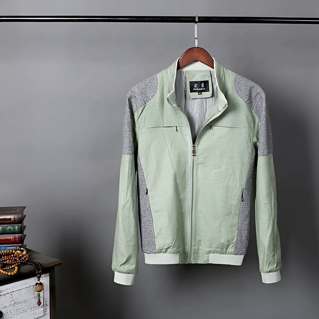 Men's thin cotton linen jacket in heather grey, shown in a regular fit for casual wear.