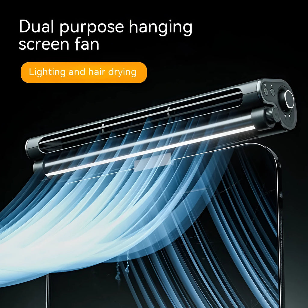 Black USB-powered bladeless clip fan with LED lighting attached to laptop screen