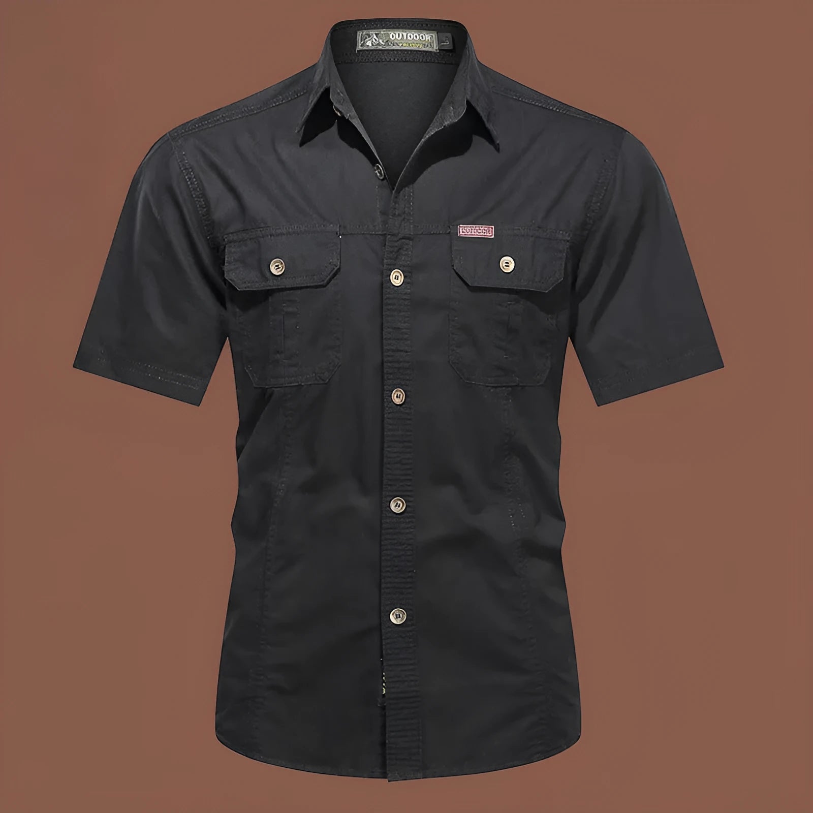 Men's short sleeve cotton work shirt in a loose fit, shown in army green colour.
