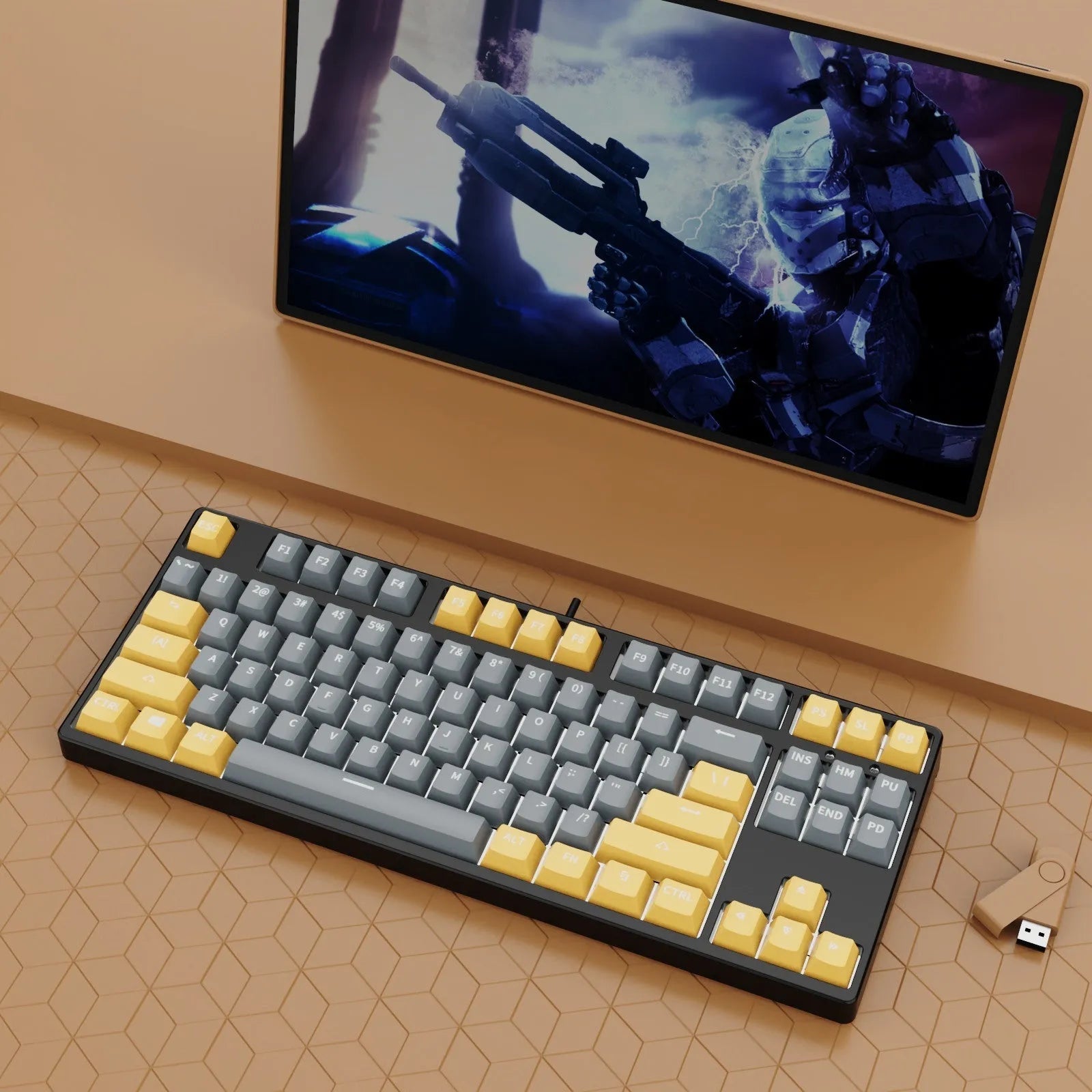 87-key wired mechanical keyboard with hot-swappable sockets showing colour options and included accessories