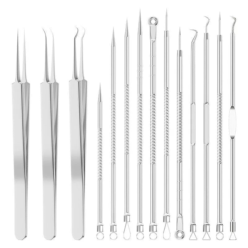 Four-piece metal acne needle set with ultra-fine pointed tips for blackhead removal