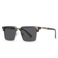 Men's square frame sunglasses in plastic showing six colour variations including tea green and blue options