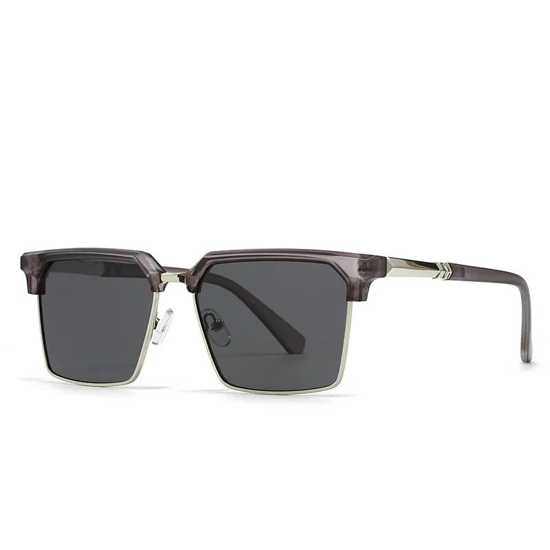 Men's square frame sunglasses in plastic showing six colour variations including tea green and blue options