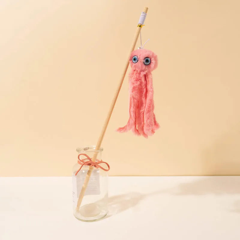 Octopus design cat toy with long stick wand for indoor kitten play in multiple colour options