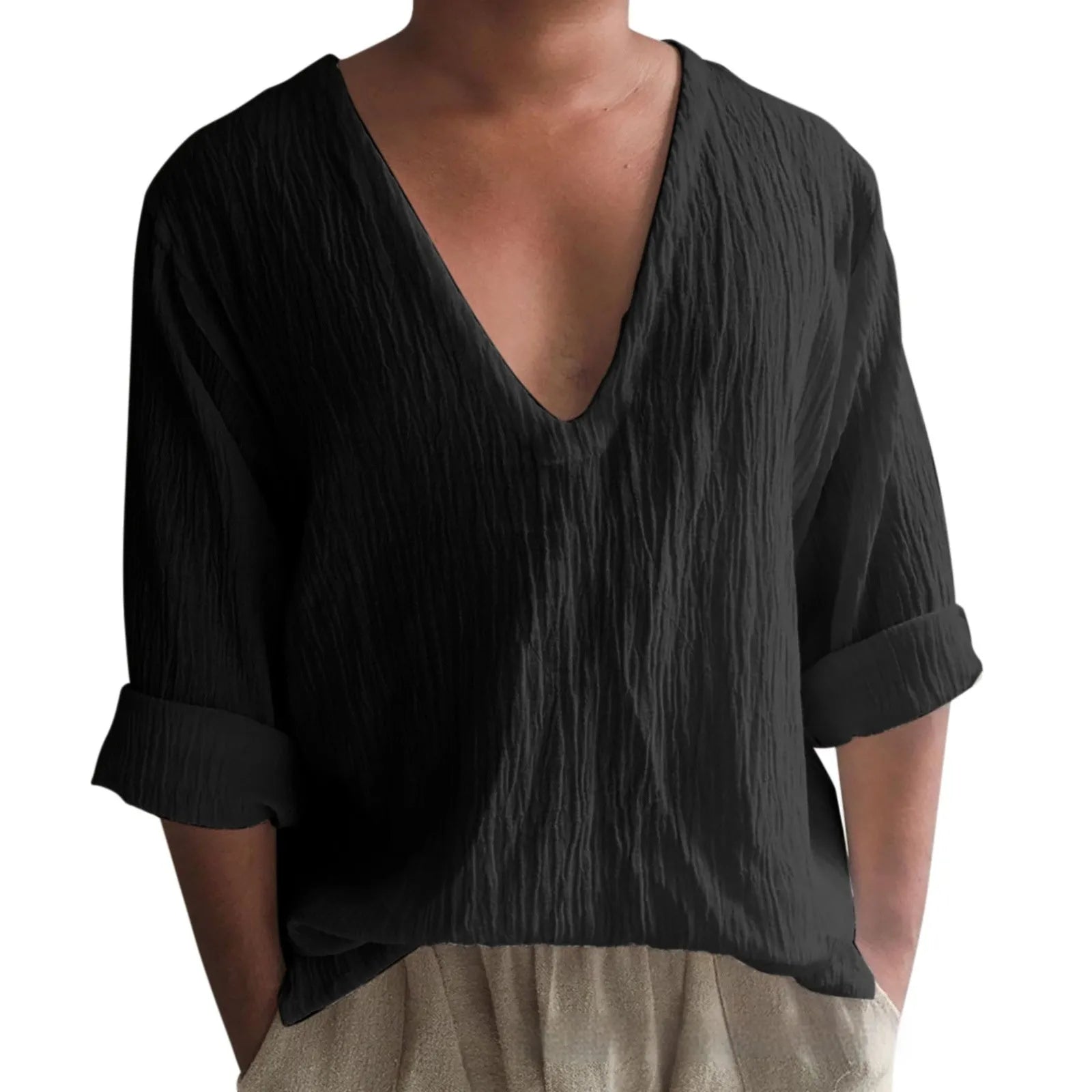 Men's long sleeve V-neck t-shirt in washed cotton fabric, solid colour options on hanger