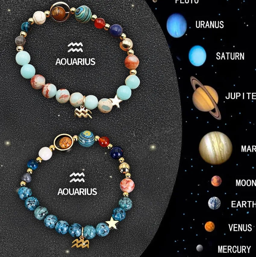 Natural stone bead bracelet set featuring all twelve zodiac signs with two bracelets per style
