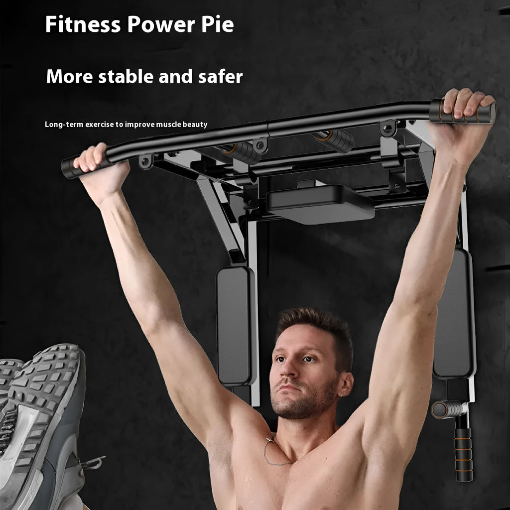 Black steel wall-mounted fitness rack with parallel bars for pull-up exercises